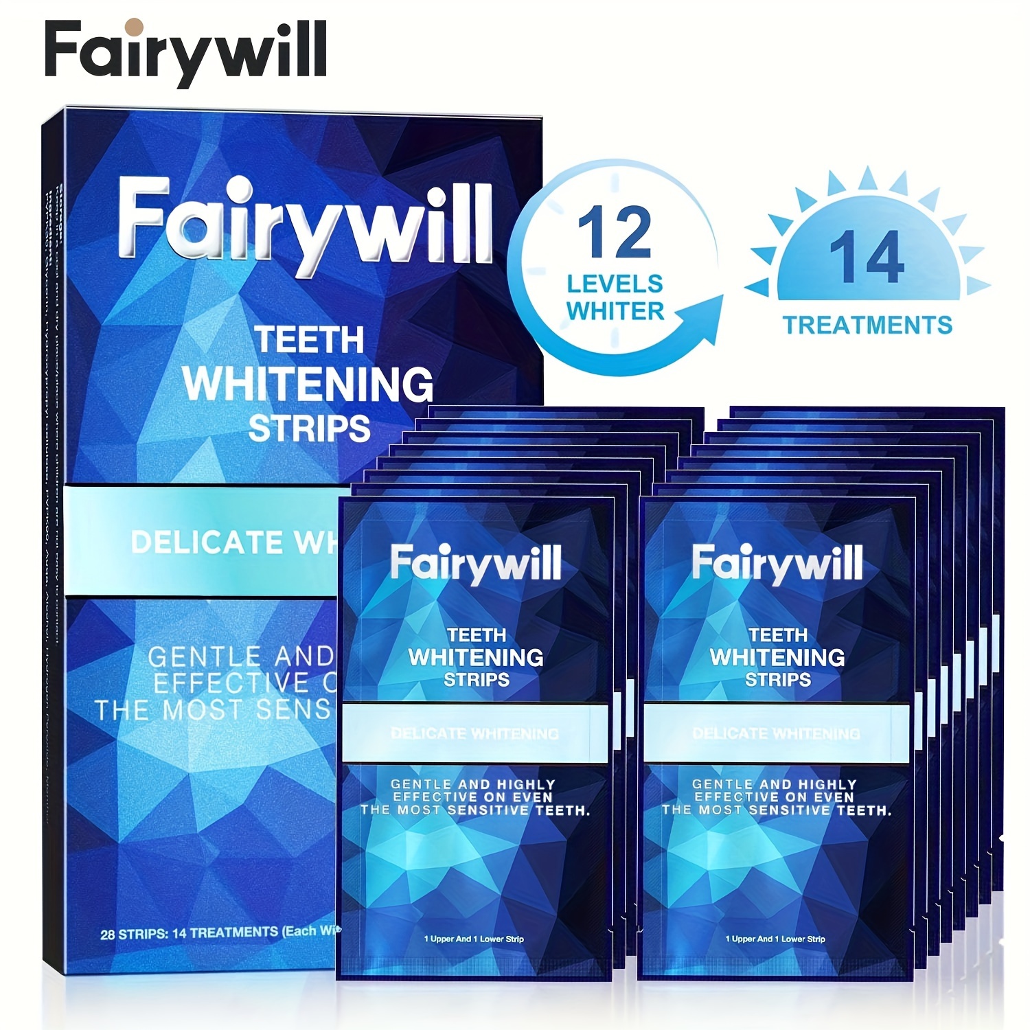 

Fairywill Teeth Whitening Strips Non-sensitive White Strips, Teeth Whitening Kit 28 Strips Remove Smoking Coffee Soda Stain