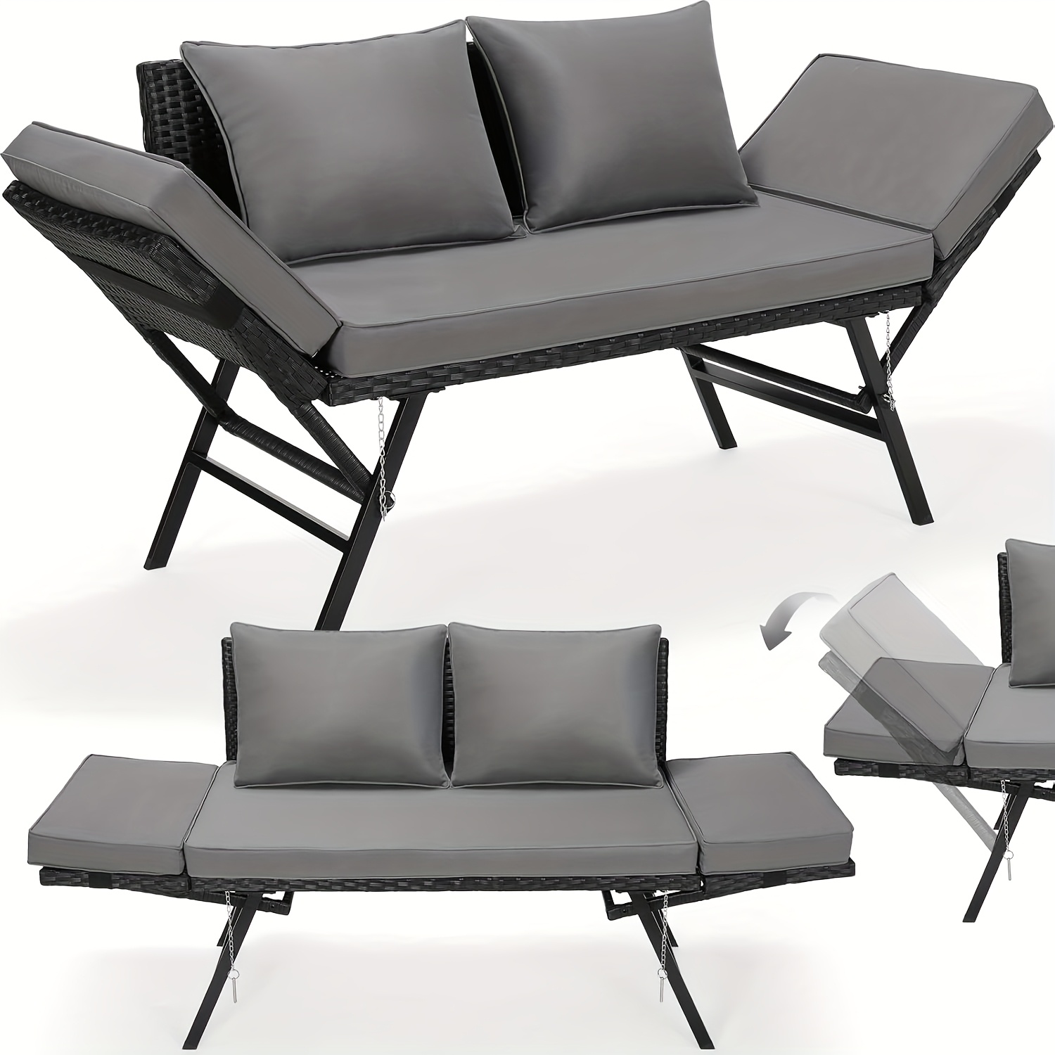 TEMU Polyrattan Garden Bench With Reclining Function, Adjustable Patio Lounge Chair, 2-seater Polyrattan Furniture, Sofa With Adjustable Armrests,