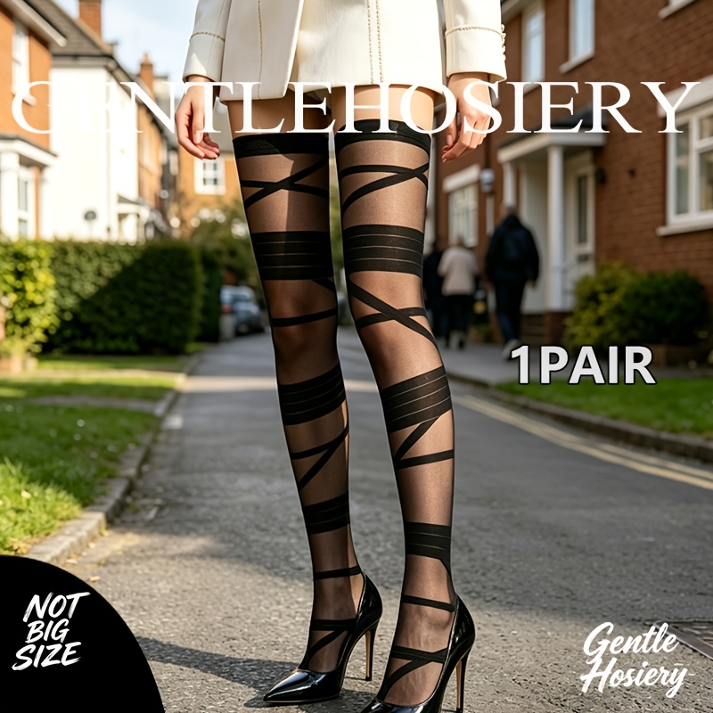 TEMU 1/2-pair Set, Over-the-knee Black Lace-up Calf Socks, Stockings, Elegant Women's Calf Socks, High-stretch Calf Socks, Suitable For , Sheer