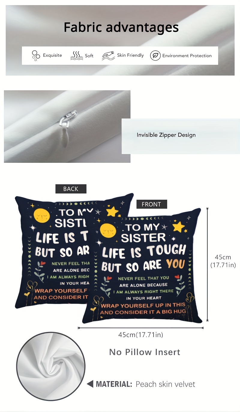 1pc   inspirational sister throw pillow cover 17 7x17 7 inch black polyester with zipper to my sister   tough message double sided print   home office decor machine washable insert not included details 2