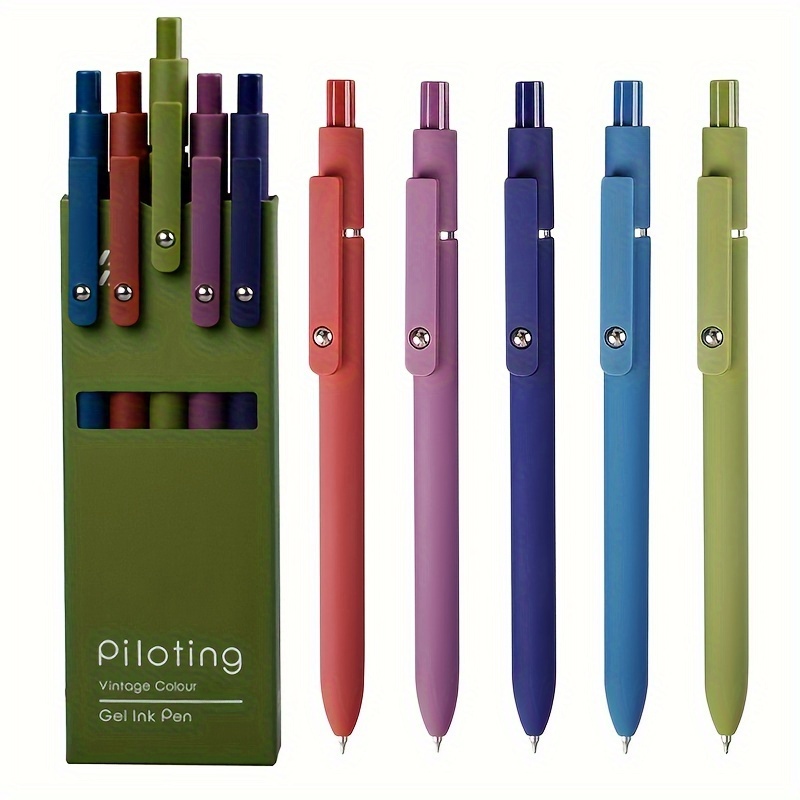 

Morandi Color Pens, Plastic, Quick-drying, Medium Point, 5pcs Set, 0.5mm , Vintage Style Retractable Pens For Office And Study