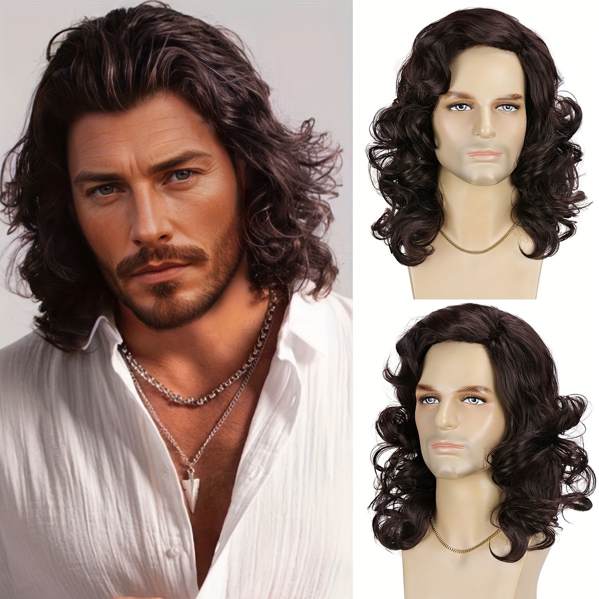 

Men's Curly Wave Wig 16-inch - Fiber, 130% Density Cap, Versatile For Daily Use, Festivals, Parties - Synthetic Shoulder-length Hairpiece