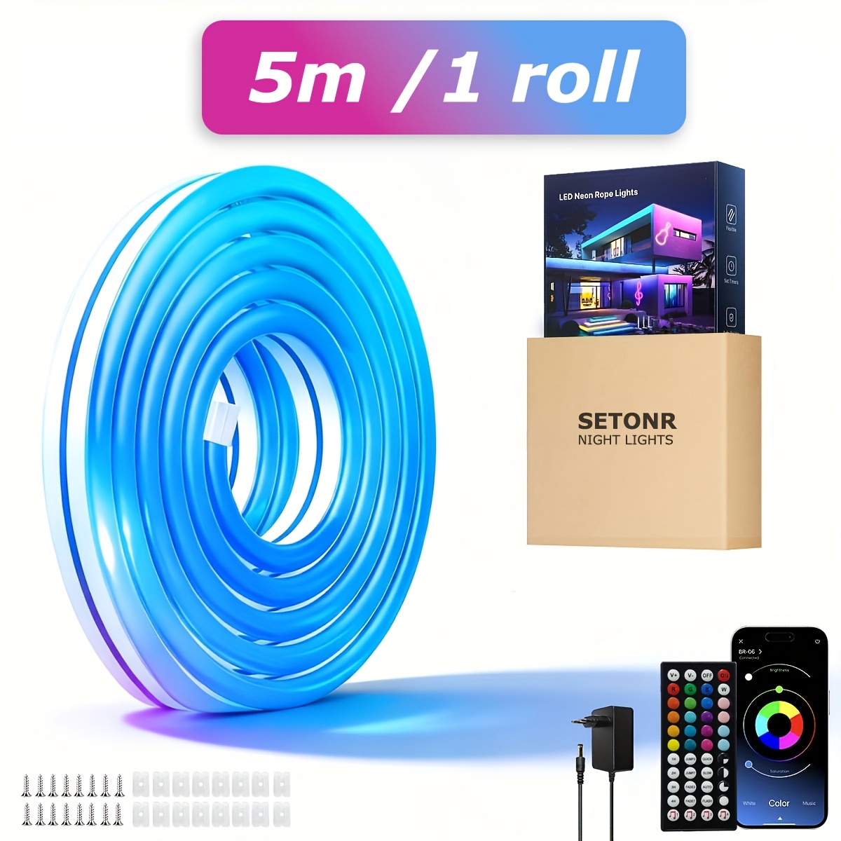TEMU Setonr Neon Rope Lights Music-sync Rgb Led Strip Lights For Bedroom-smart App & Remote Control, Color-changing Led Lights For Home, Room, Party,