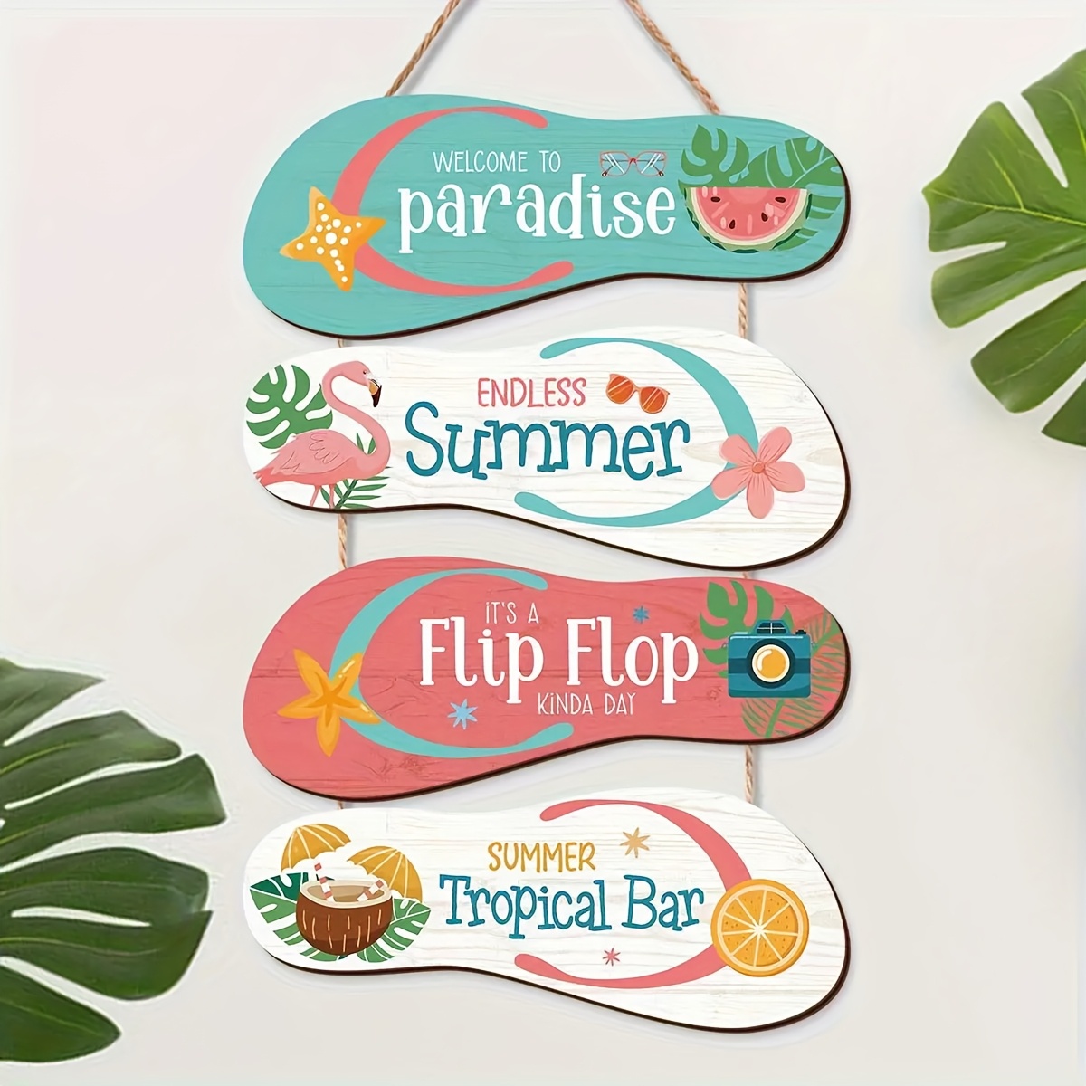 TEMU 2D-Flach, 2D-Flach – Dieses Set aus vier 2D-Holz-Hängedekorationen verfügt über ein kreatives -Design, bedruckt mit Sommerslogans wie „Paradies“