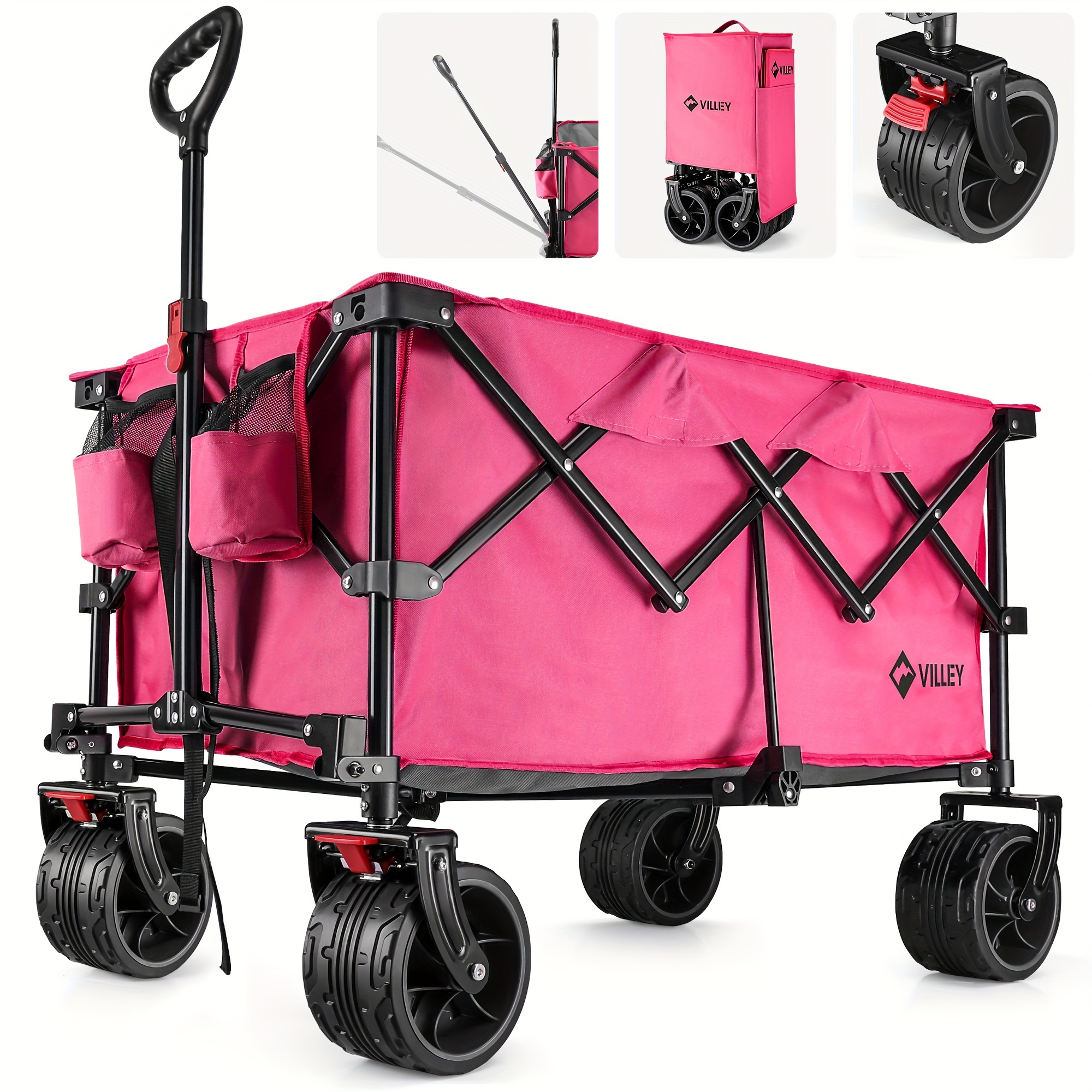 

Villey Collapsible Folding Wagon With , Enlarged 225lbs Capacity, Wagons Carts Heavy Duty Foldable, Portable Utility Garden Cart With 2 Cup Holders And Brake, Pink