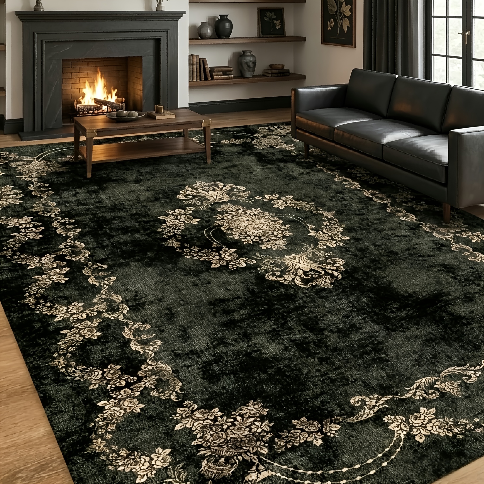 TEMU 1pc Cocoroli Luxurious Plush Rug - French Vintage Black And Rug, Non-slip Backing, Machine Washable, 100% Polyester - Suitable For High-traffic