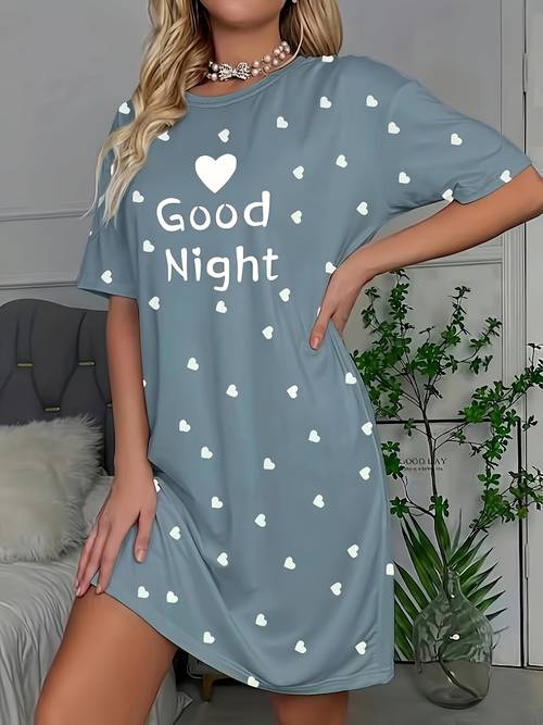 womens pajamas with slogan comfortable short sleeved t shirt dress with round neckline heart accents year round sleepwear made of machine washable