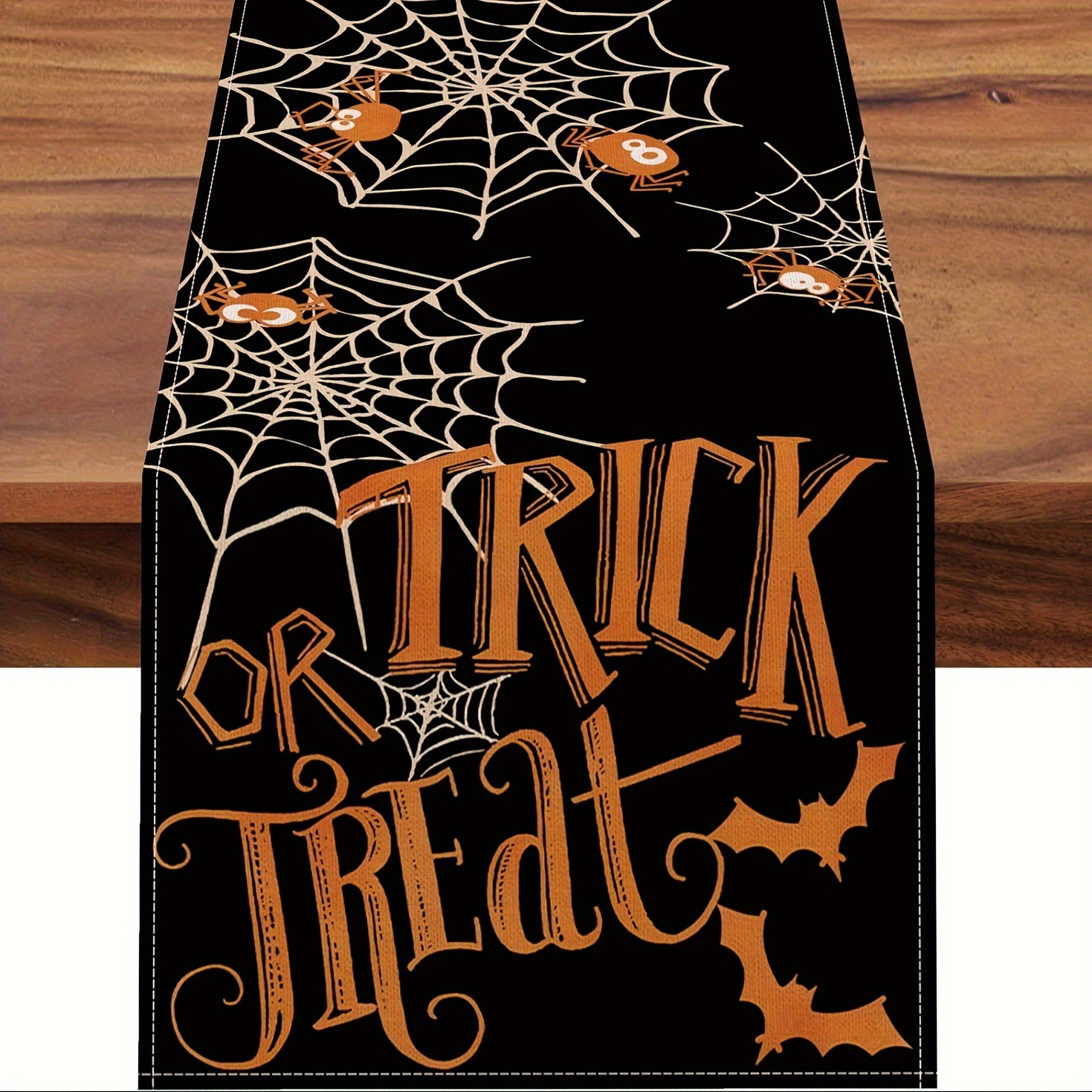 

1pc, Table Runner, Burlap Halloween Theme Table Runner, Trick Or Treat & Spider Web Design, Home Decor For Indoor & Outdoor Dining, Festive Holiday Party Decoration