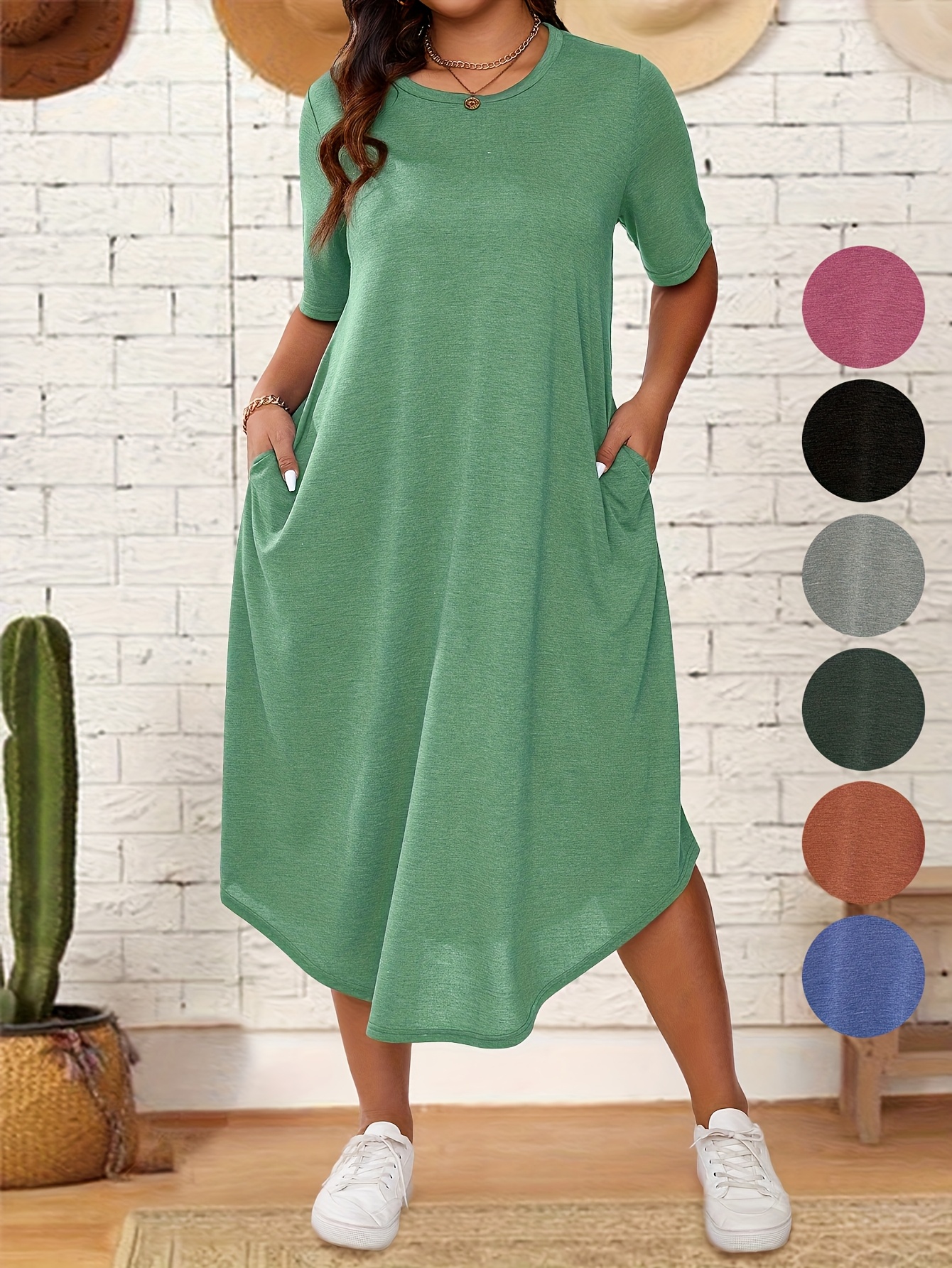 plus size solid color dress casual short sleeve crew neck Temu