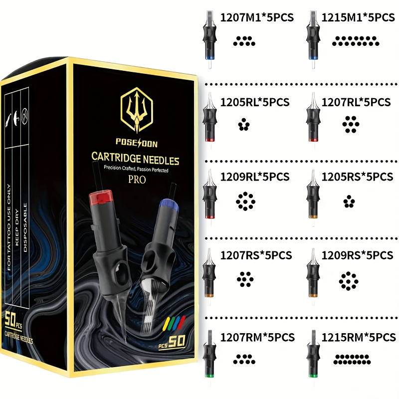 Image of Poseidon V5 50pcs Assorted Mixed Size Tattoo Cartridge Needles | Round Liner Shader Curved/round 5rl 7rl 9rl 5rs 7rs 9rs 7rm 7m1 15m1 15rm Disposable Tattoo Needles For Tattoo Supplies