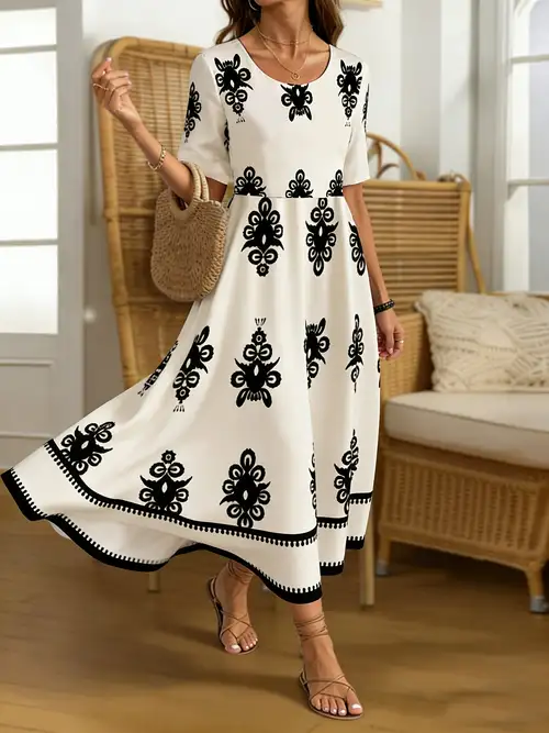casual flare dresses for ladies Women's Plus Size Floral Lace Wrap V Neck Ruffle Short Sleeve Casual A Line Midi Tunic Dresses