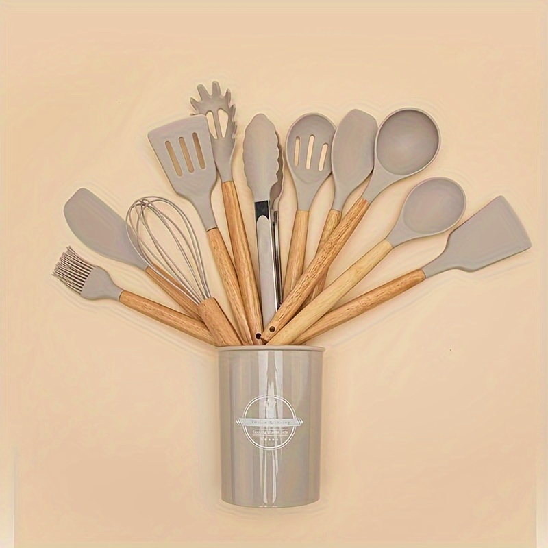 

12-piece Silicone Kitchen Utensil Set With Wooden Handles, Elegant Non-stick Heat-resistant Cooking And Baking Tools For Home And Restaurant