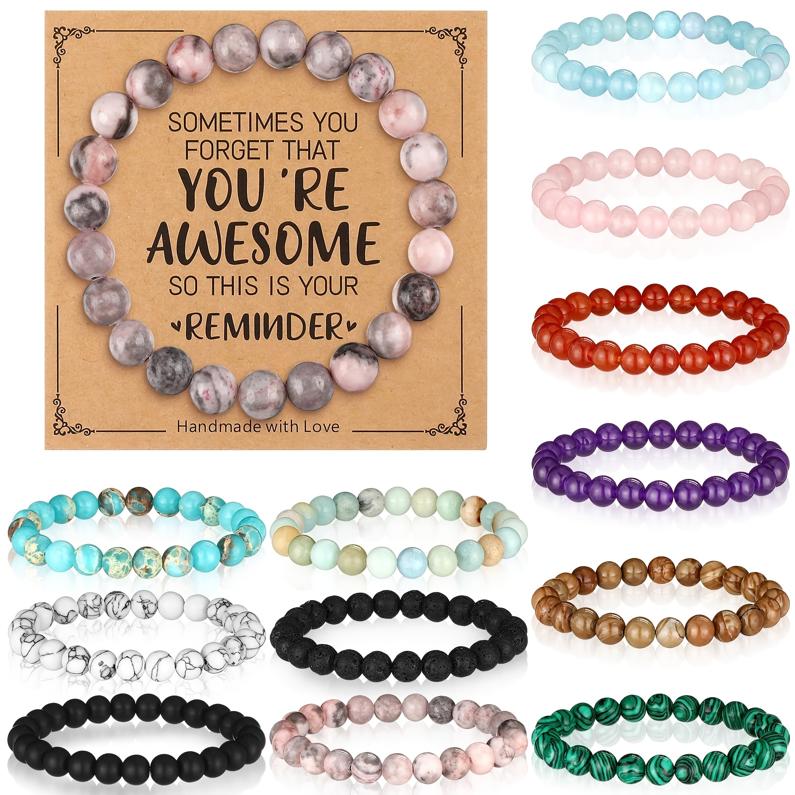 

12- Inspirational Beaded Bracelets For Women, "you Are Awesome" Natural Stone Adjustable Chain With Encouragement Card, Ideal For & Valentine's Day Gift, Party Favors For Mom & Friends