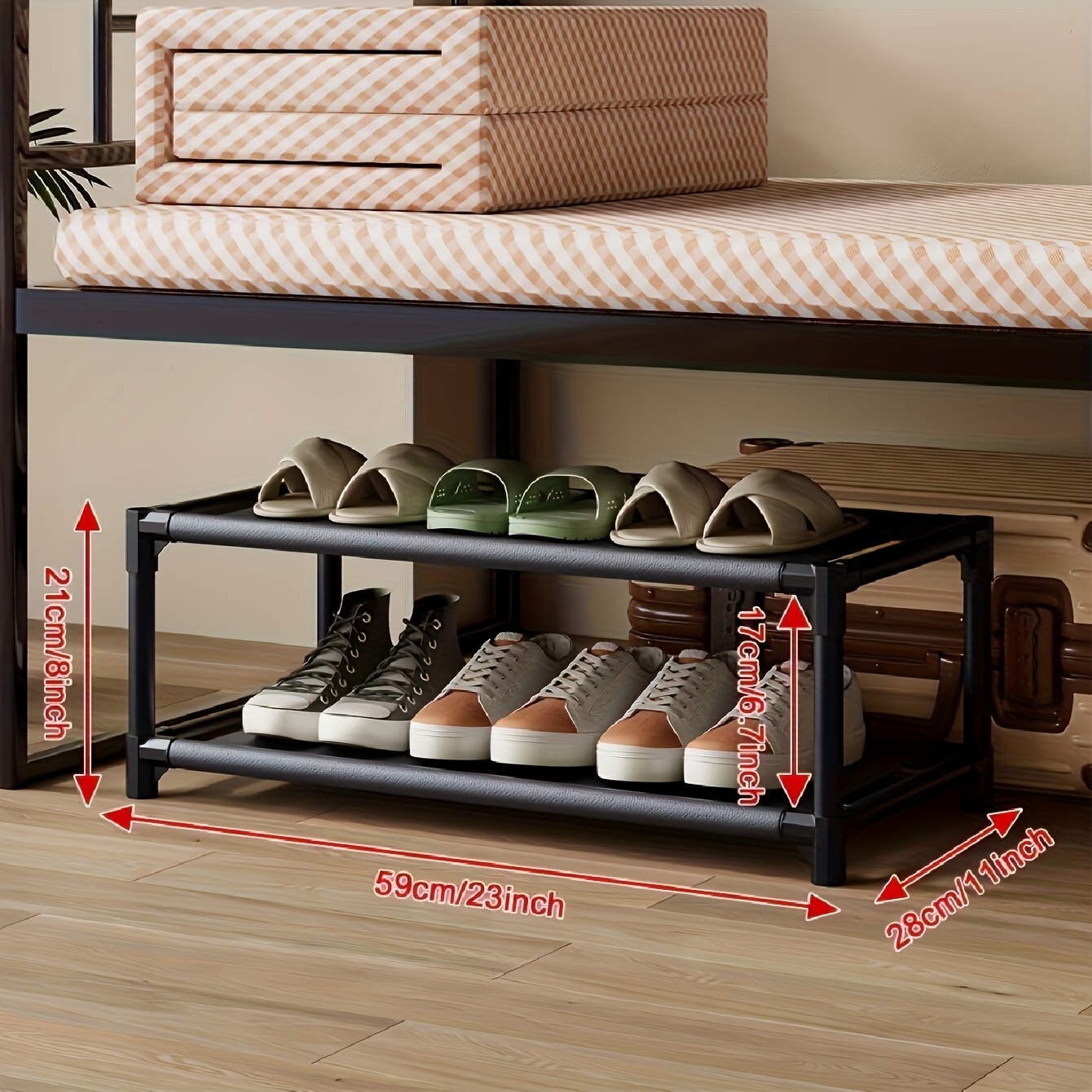 

A Shoe Rack That Fits Under The Bed, With 2-5 For Hallway Use, Bedroom Accessories, Space-saving Shoe Storage, Made Of Metal, Can Hold 2 Large Shoes Or Small Pairs.