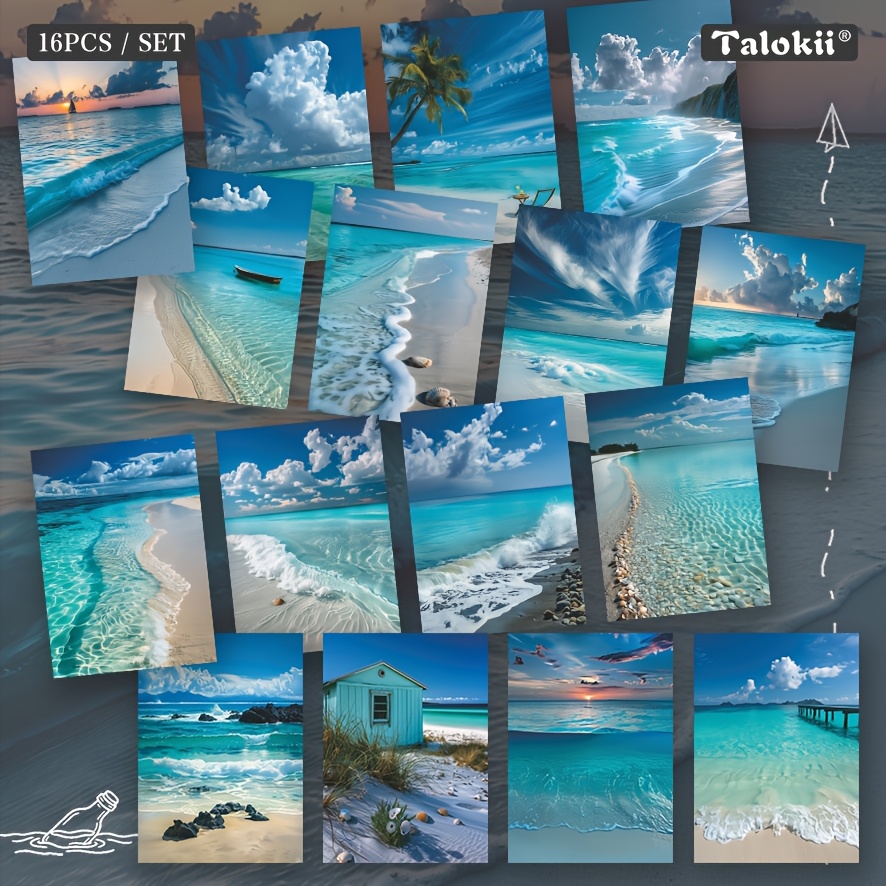 TEMU 16pcs Turquoise Beach Postcard Set For Laptops, Ocean With Wave Illustrations, Journaling Scrapbooking, Wall Art Decor And Themed Greeting Cards