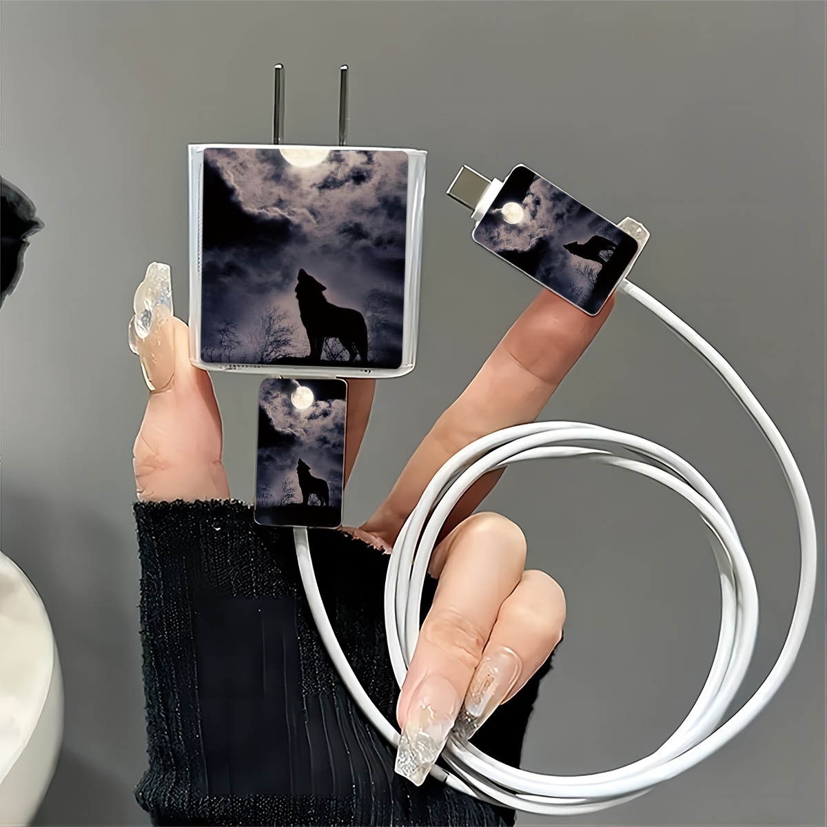 

3-piece Nighttime Wolf Design, For Iphone 18w/20w Clear Charger Protector Set, Cable Protector, Charger Line End Protector. Gift, , Charger Protector Case.