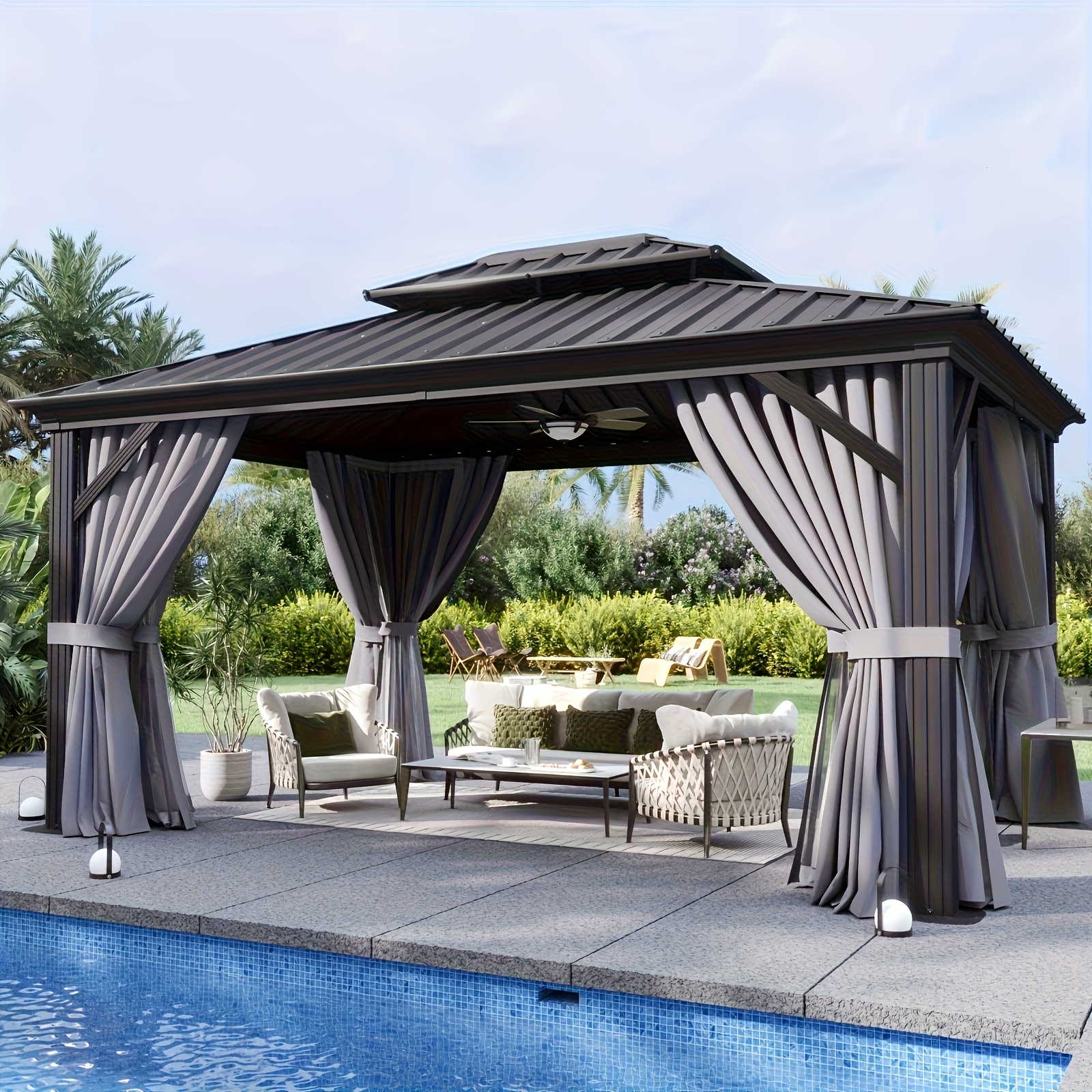 TEMU Tonnelle Sonegra 12' x 20' à toit rigide, double toit en acier galvanisé, tonnelle en métal d'aluminium avec rideaux et moustiquaire, pavillon