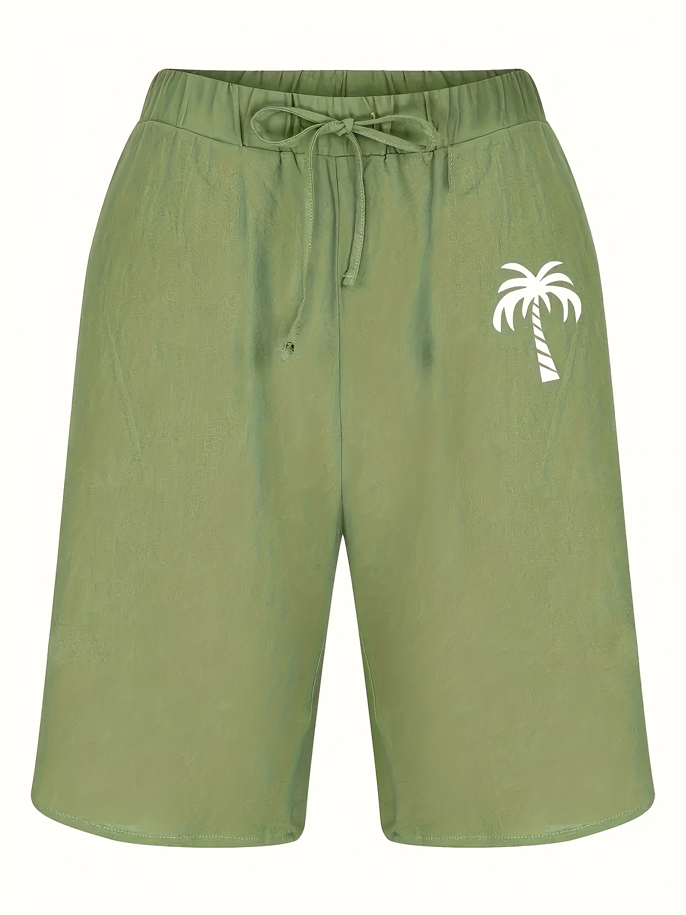 Men'S Cotton Shorts with Drawstring, Casual Palm Tree Print, All-Season, Non-Stretch Woven Fabric, Button Detail, Regular Fit, 110Gsm - Summer Beachwear, Plus Size
