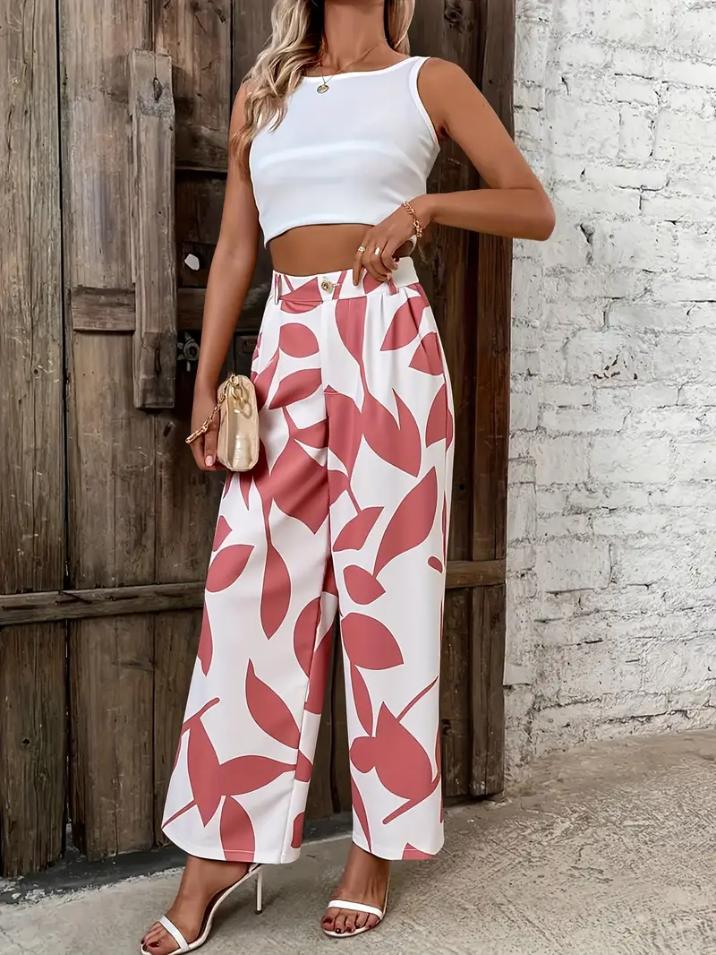 1pc, Women'S High Waist Wide Leg Pants, Summer Fashion Abstract Leaf Trousers For Daily Wear, Vacation Casual Occasions, Stylish