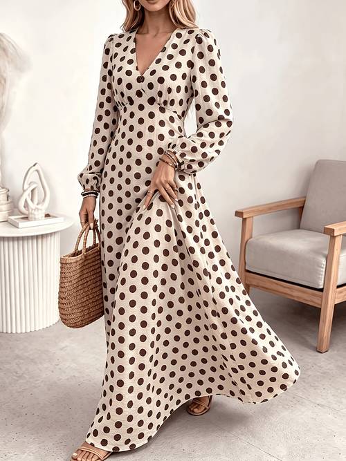 womens pleated waist cinching back elastic a line lantern sleeve long dress with romantic polka dot apricot colored long skirt exquisite suitable for casual vacation formal occasions office afternoon tea