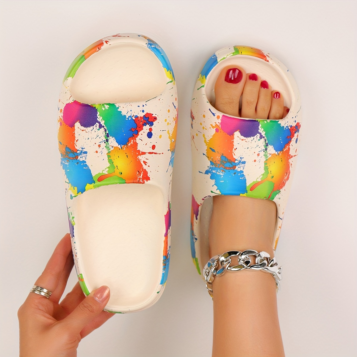 

Women's Colorful Splash Paint Slides, Simple Style Soft Eva Sole, Non-slip Summer House & Outdoor Sandals