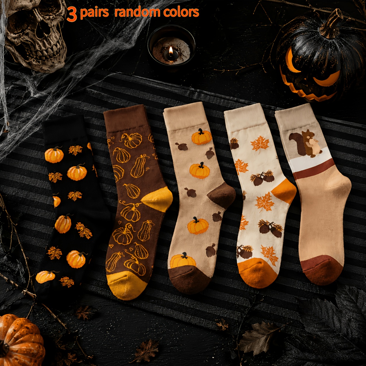 TEMU 3 Pairs Random Colors Pack Of Halloween Autumn-themed Mid-calf Socks, Pumpkin, Maple Leaf, And Squirrel Print Women's Casual Socks, Suitable For