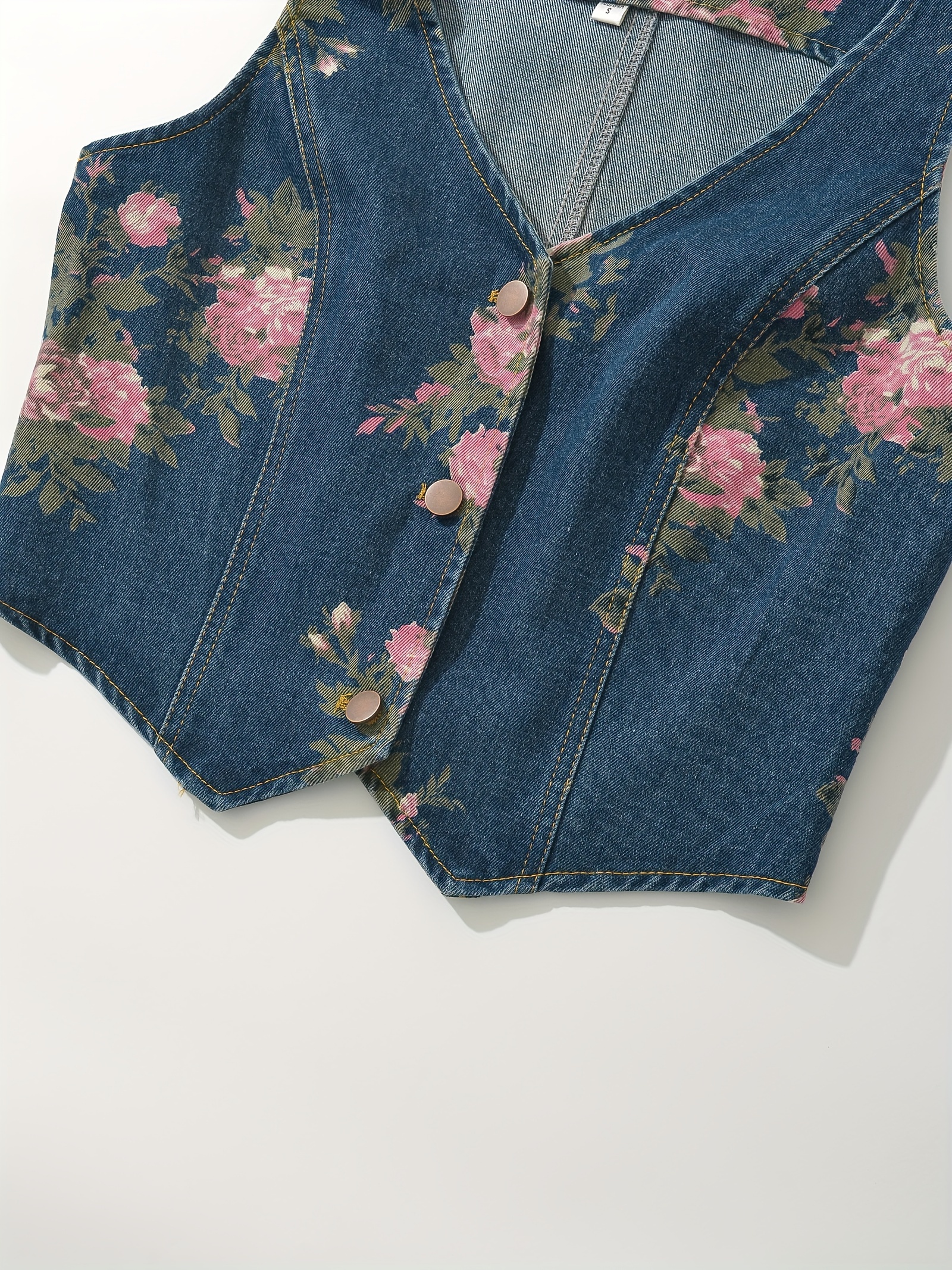 aw25 womens floral print denim vest elegant sleeveless v neck button up top with   on   washable       details 5