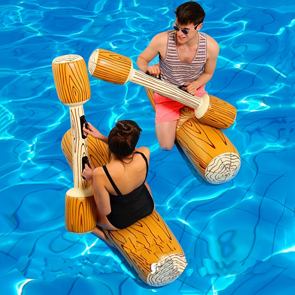 a set of inflatable wood grain   water rafts and swimming rings for pool parties