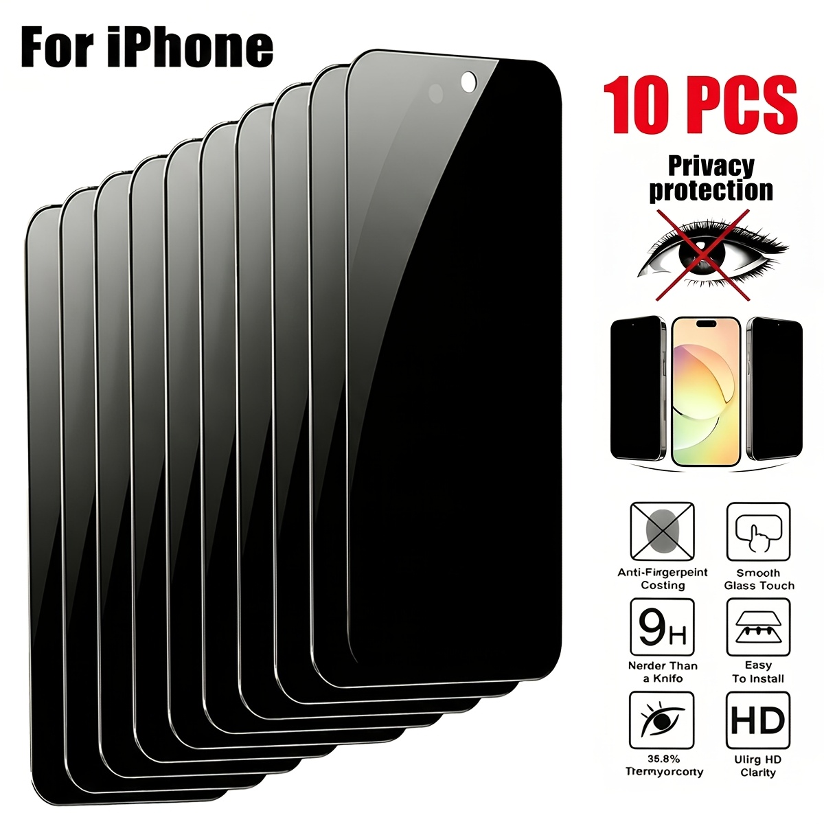 TEMU 10pcs Privacy Tempered Glass Screen Protectors For Iphone 18 Pro Max/17 Pro Max/16 Pro Max/18 Pro/18 Fold/17