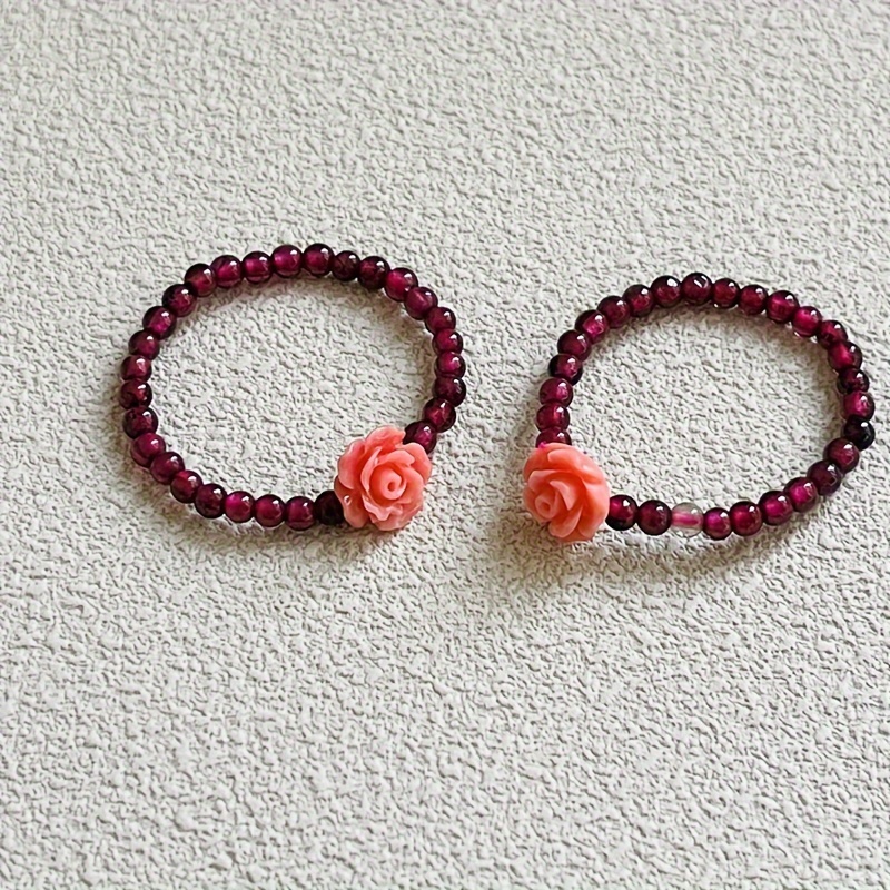 

2pcs Natural Garnet Bead Rings, Rose Flower Rings, Wedding Rings, Romantic Couple Rings, Valentine's Day Gifts