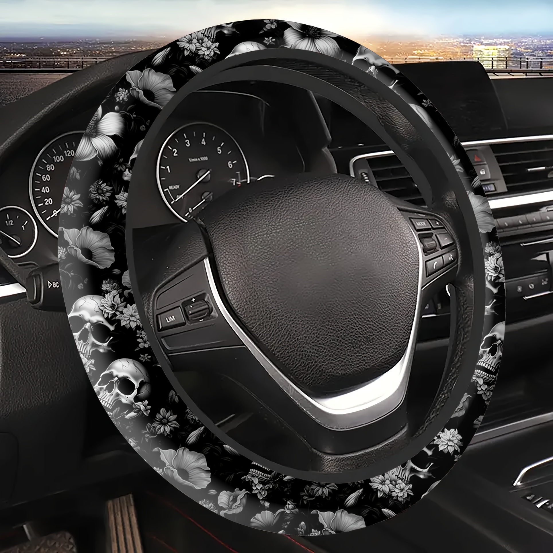 

Grim Bohemian Design: 1-piece -printed Steering Wheel Cover With And Skidproof Lining For 15-inch Vehicles