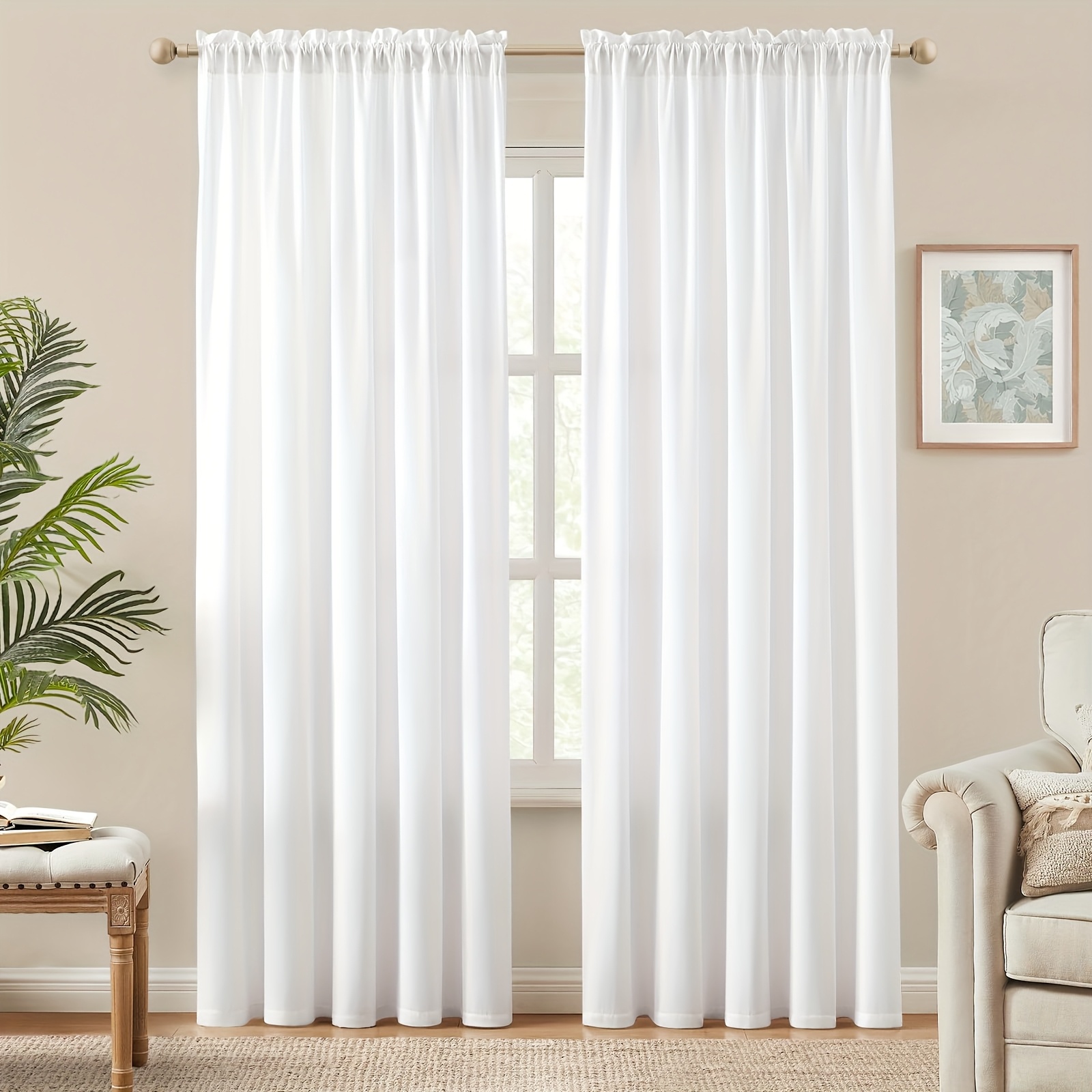TEMU 2pcs White Privacy Sheer Curtains - Light Filtering Voile Rod Pocket Drapes, 100% Polyester Machine Washable Modern Semi-sheer Curtains For