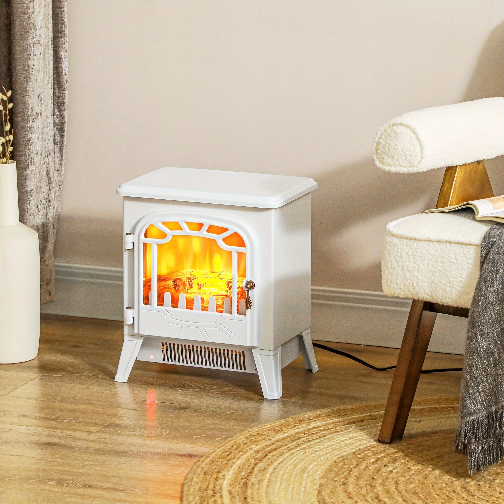 TEMU Poêle Électrique Portable HOMCOM de 16", Chauffage de 1500W avec Réaliste 3D, Protection Contre la Surchauffe, Télécommande, Blanc
