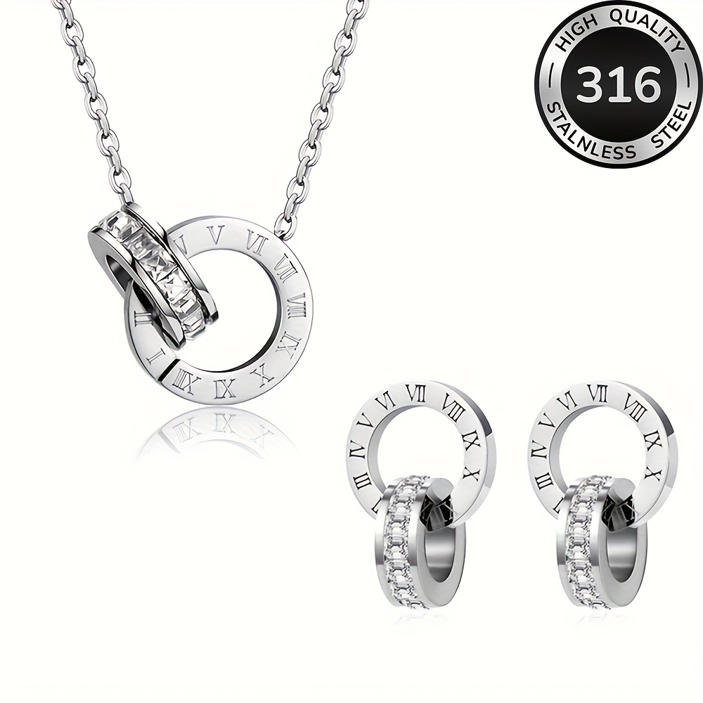 TEMU 3pcs High-quality Stainless Steel Golden Roman Lettering Necklace And Earrings Set, Anti-fading, Easy And Elegant, Fashionable Women's Necklace
