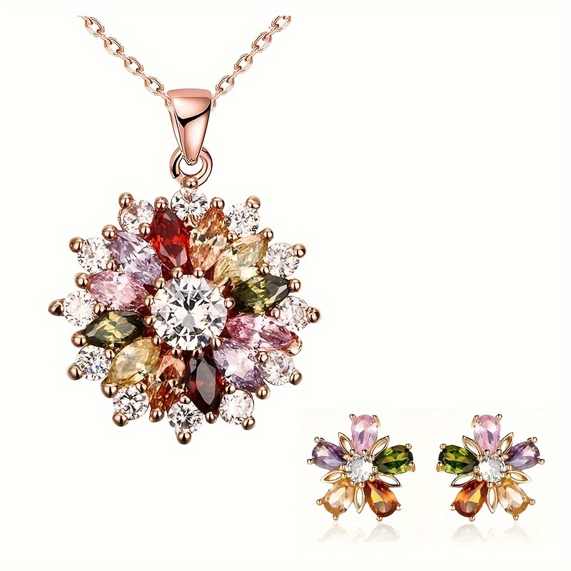 

Colorful Snowflake Pendant Necklace Set, Rose Gold Plated Multi Gemstone Necklaces Marquise Cubic Zirconia Necklace For Women, 18+2 Inch