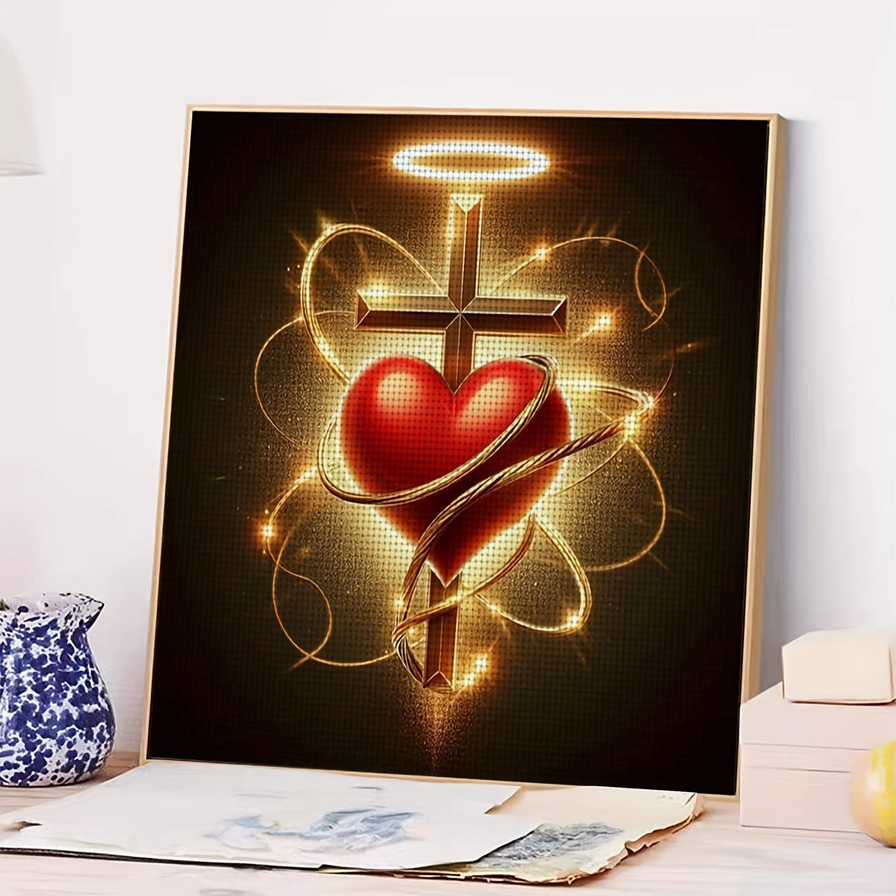 Cross-Stitch Kit Featuring Red Heart Wrapped in Crosses