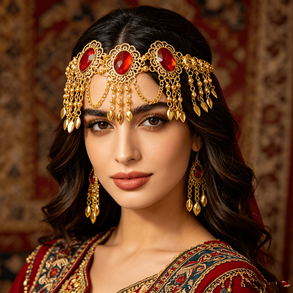 TEMU 1pc Gorgeous Ethnic Style Fashionable Head Curtain With Hollow-out Tassel Design, Accessory Headpiece For Indian Ethnic Dance Performances