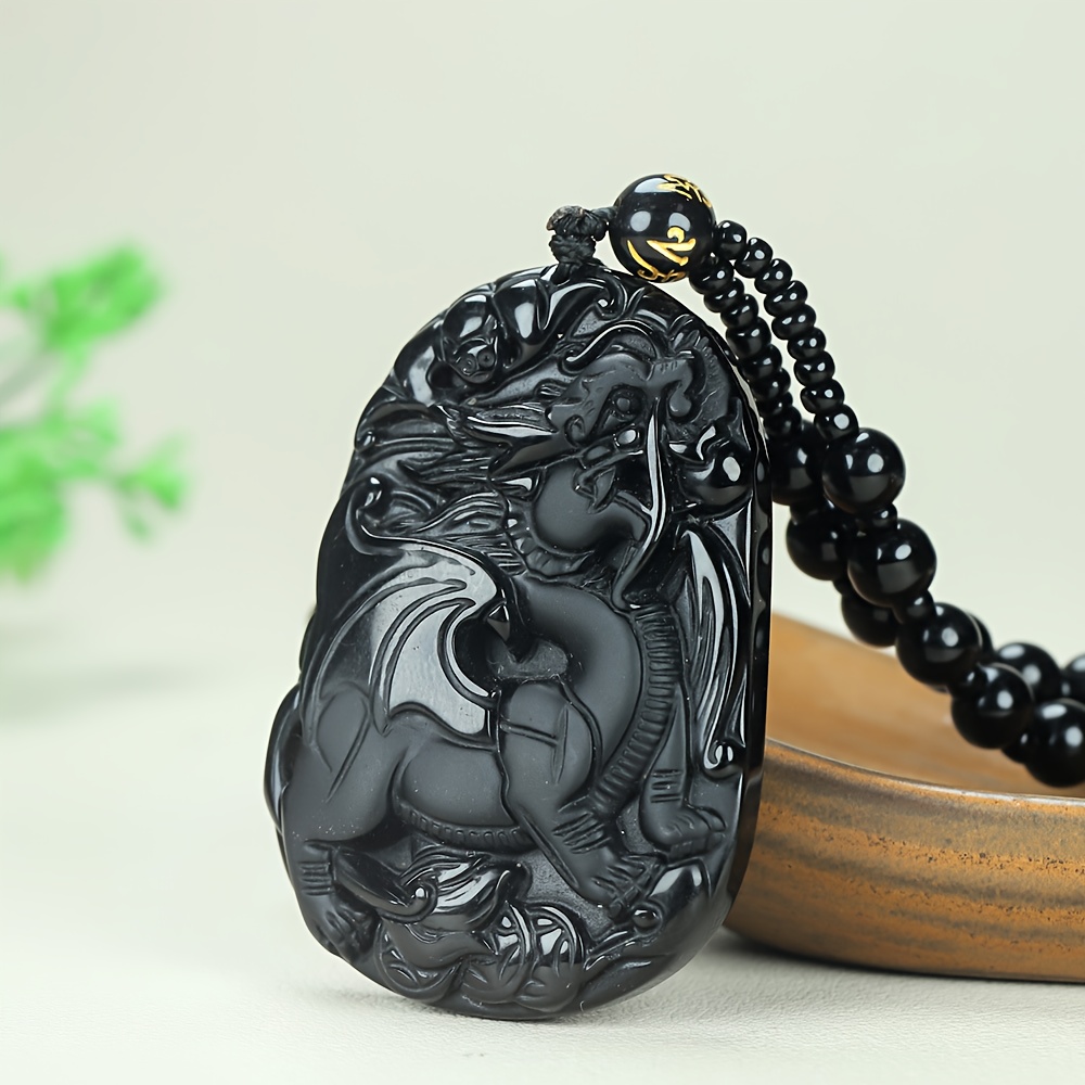 Natural Obsidian Magic Dragon Pendant Necklace, Unisex