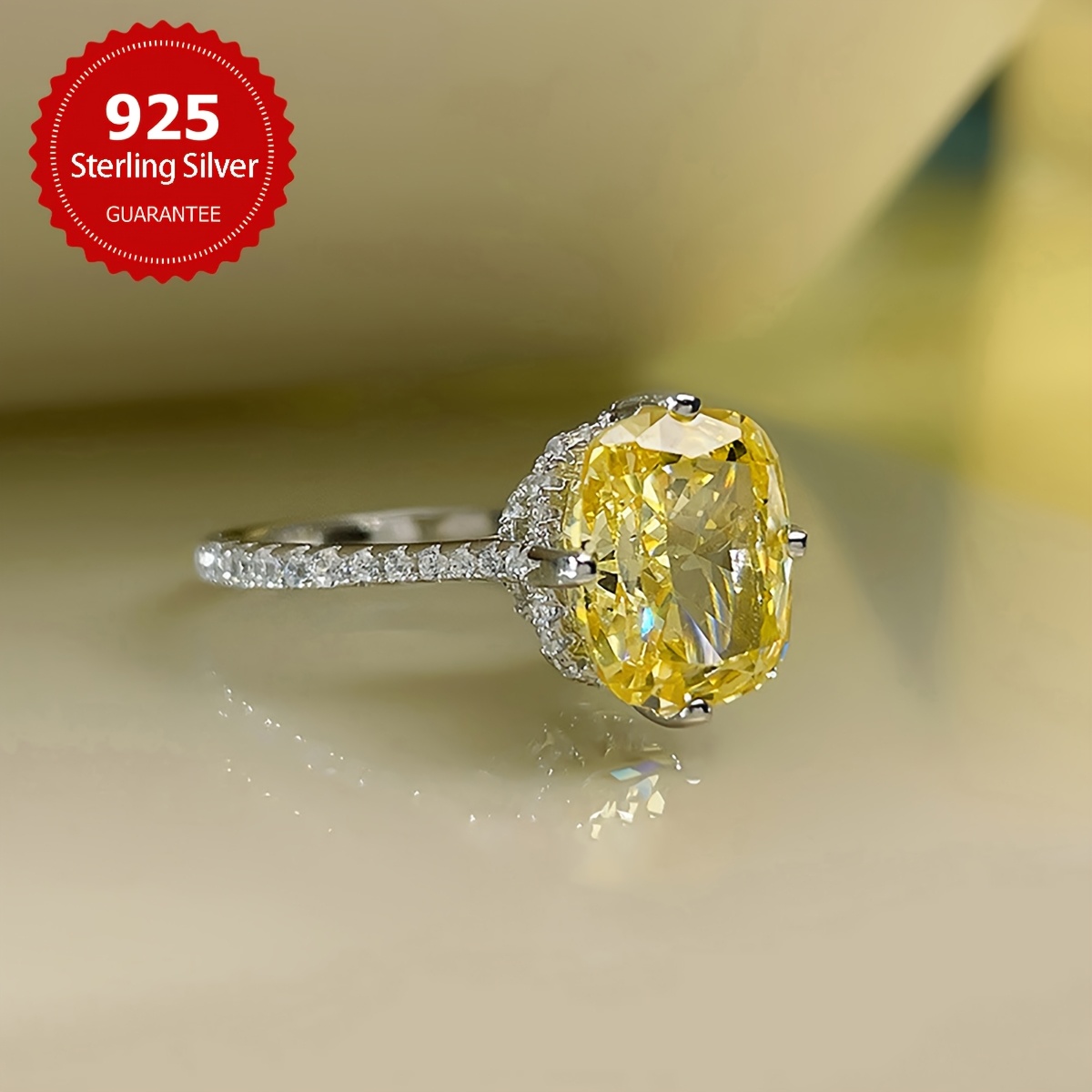 S925 Silver Lemon Yellow Square Ring, High-End Gift