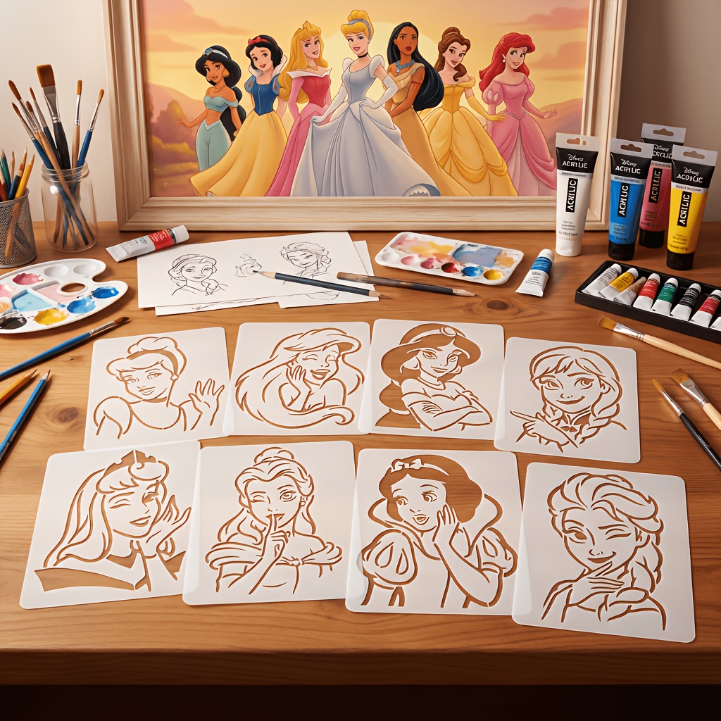 E-shop 8-teilige Prinzessinnen-Schablonen für Bastelarbeiten, wiederverwendbare Kunststoffvorlagen mit Elsa, Belle, Cinderella, , Jasmin, Luna, &