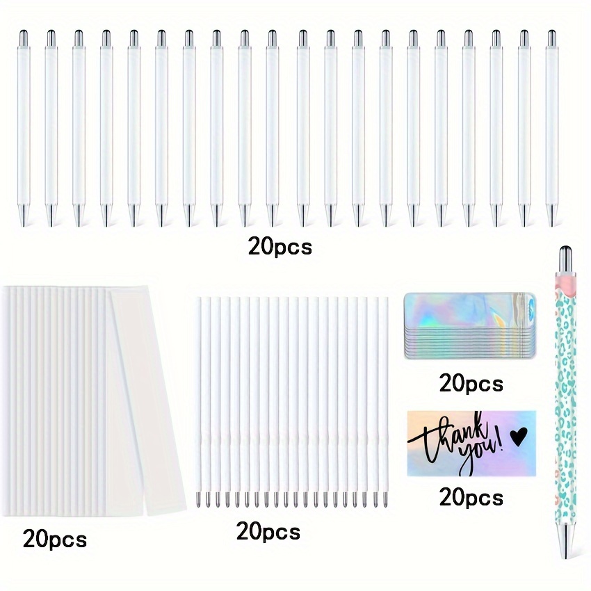 

20 Pack White Sublimation Blank Pens With 20 Films, 20 Thank You Cards, 20 Packing Bags, And 20 Refills - Medium Point Round Ballpoint Pens For Diy Personalization - Ideal For Gifts