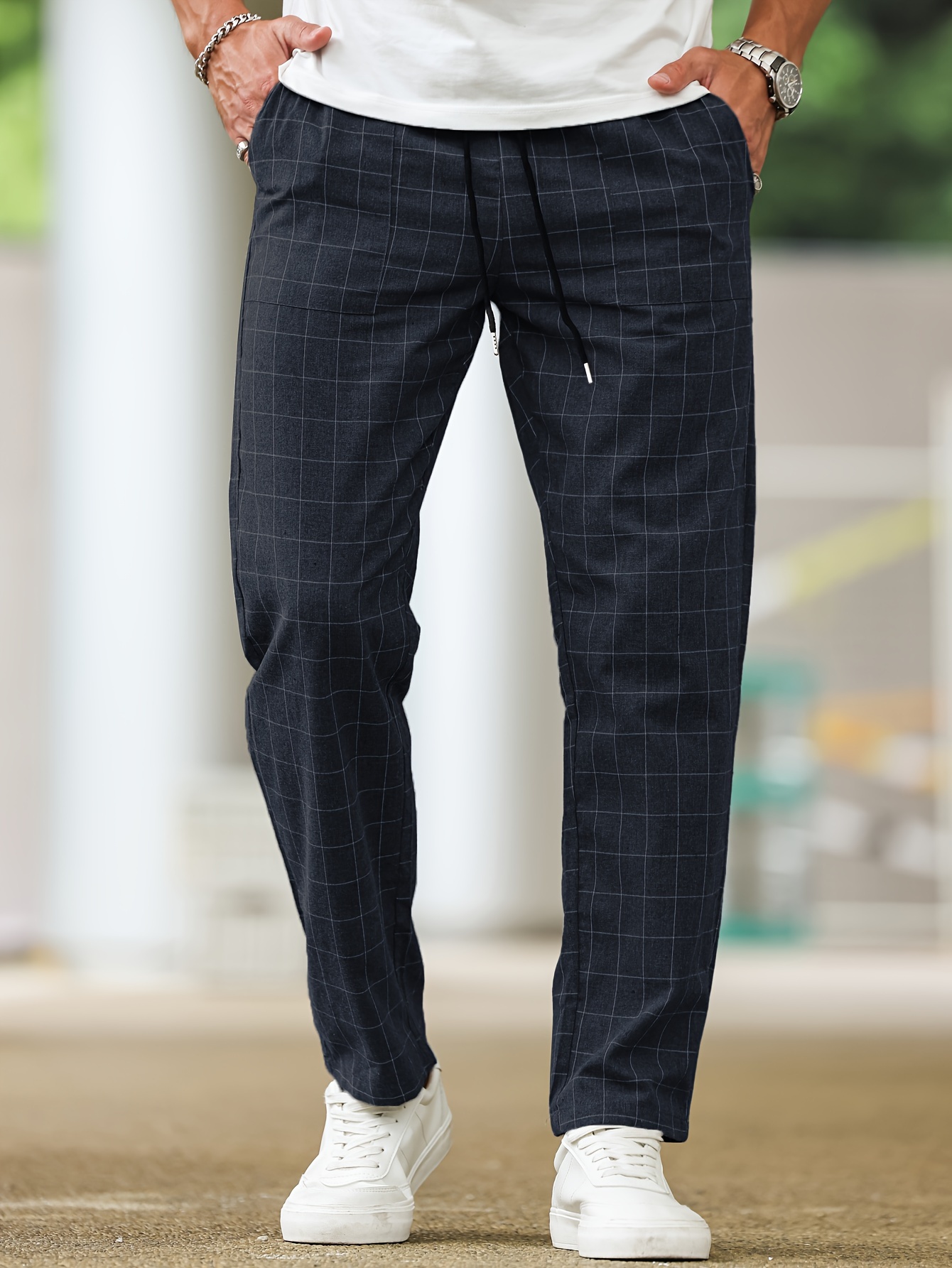 pantalon décontracté à rayures à carreaux homme polyester Temu