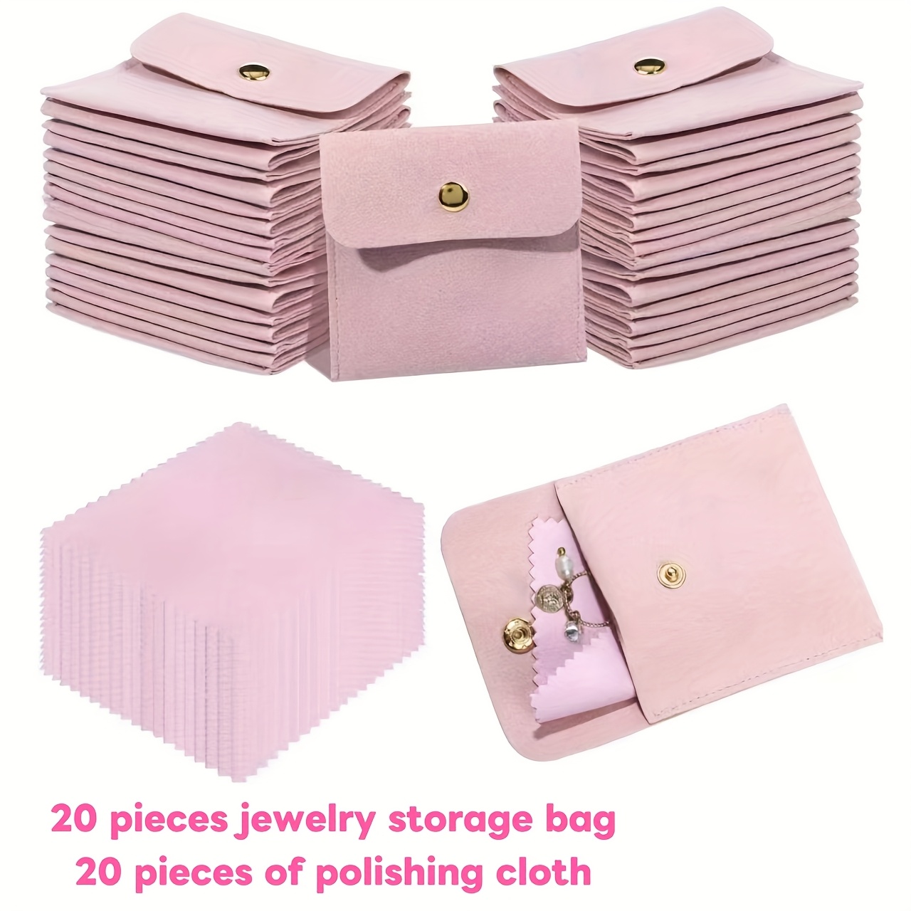 TEMU 40pcs Storage Bags & Polishing Cloths - Elegant Pink Jewelry Organizer With Button Closure, Durable Polyester, Perfect For Necklaces, Earrings,