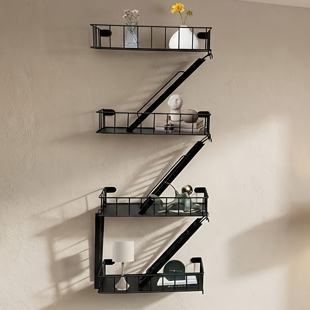 TEMU Creative Multi-level Staircase Frame | Home Bedroom Decoration Iron Storage Rack With Hooks, Wall-mounted, Contemporary Style, Metal Material, Suitable For Room Types