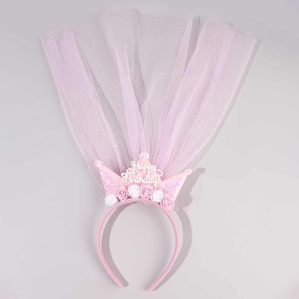 Image of 1pc Birthday Glitter Crown Mesh Headband For Elegant Happy Birthday Letter Hair Band With Floral Embellished Hair Hoop For Gifts Sparkling Birthday Party Hair Accessories
