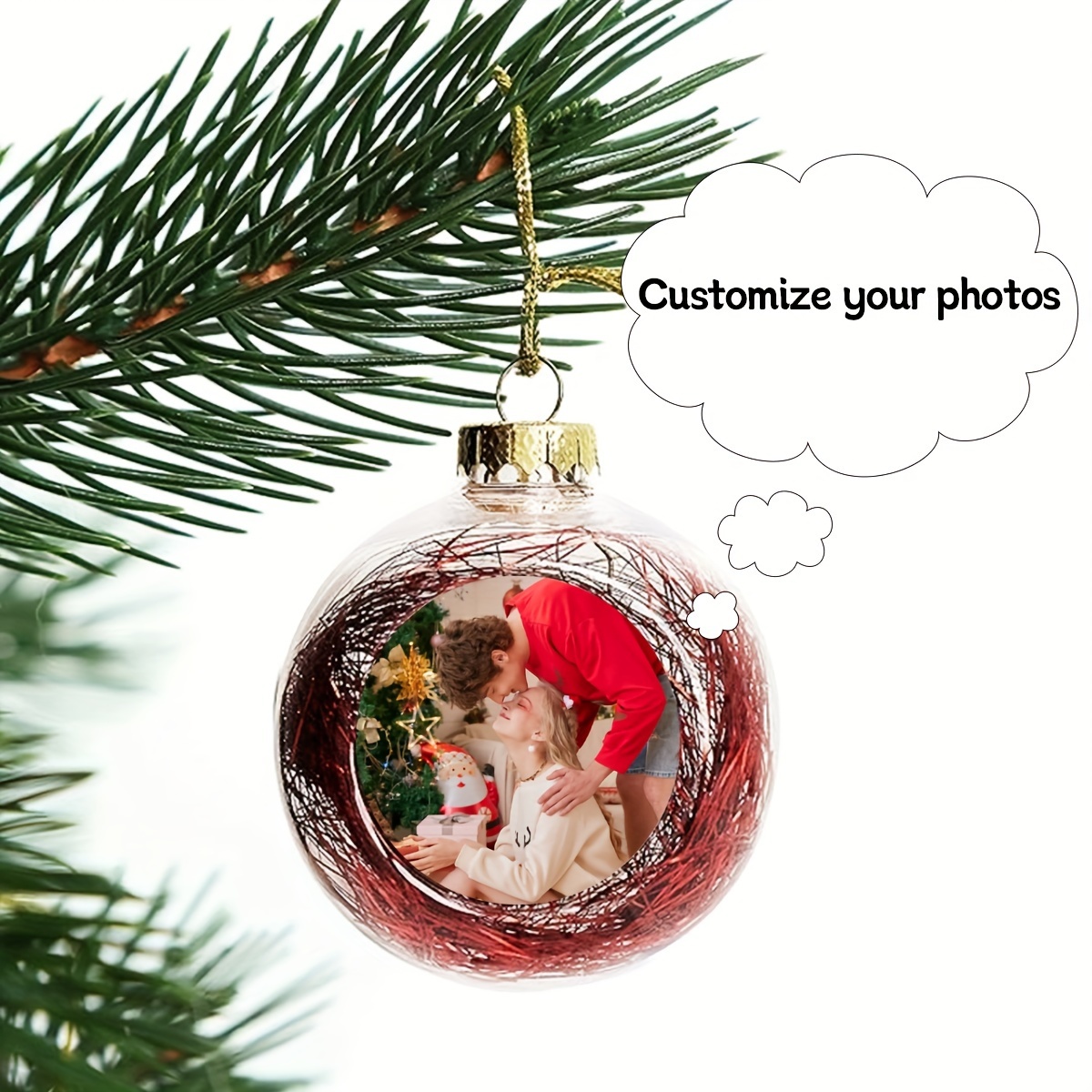 

1pc Classic Round Christmas Ornament - Personalized Photo Ball, Plastic Hanging Decoration For Family, Couples, Pets, First Christmas - Customizable Holiday Ornaments For Christmas, No Feathers