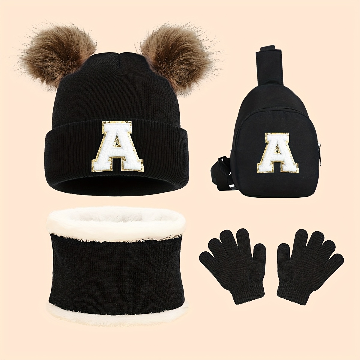 TEMU Set de 4 Regalos de Navidad o : 1 Gorro de Punto con (Con Decoración de ), 1 Riñonera, 1 Par de Guantes de Punto y 1 Bufanda Forrada de Forro