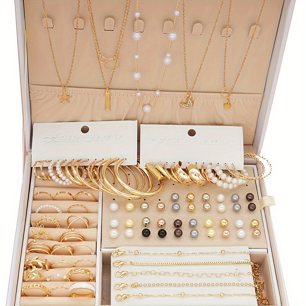 

91 Pièces Colliers + Boucles D'oreilles + Bagues + Bracelets Ensemble De Bijoux Chic Conception Simple Incrusté De Strass Assortis Tenues Quotidiennes Décor De Fête (sans Boîte)