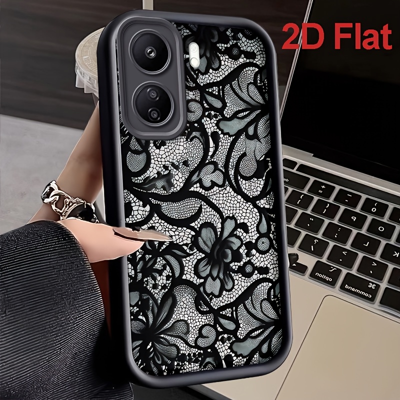 TEMU Phone Case - 2d Flat Black Lace Pattern Tpu Phone Case Suitable For Redmi 15 15c 14c 13 13c 13r 12 12c 11a Note13r Fashionable Full Cover