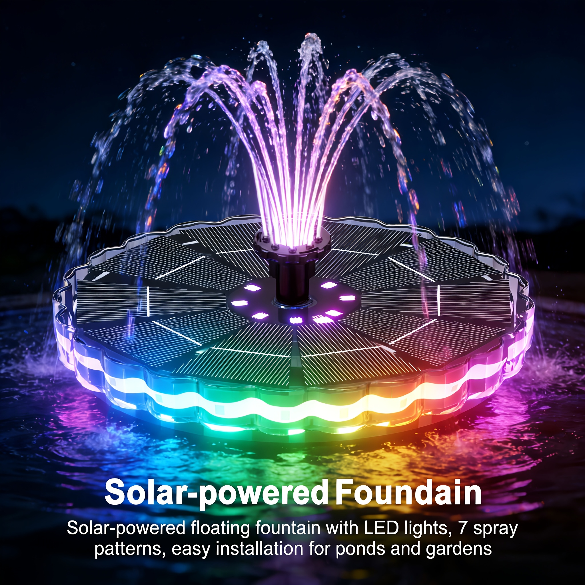 item picture 3 5w solar powered floating fountain pump with colorful lighting built in battery portable freestanding for garden pond outdoor swimming pool
